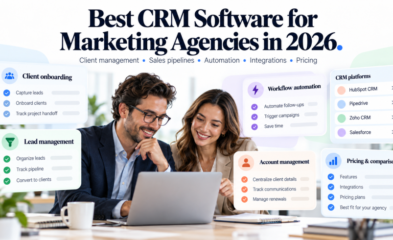 Best CRM software for marketing agencies in 2026, with two professionals comparing CRM features and platforms.