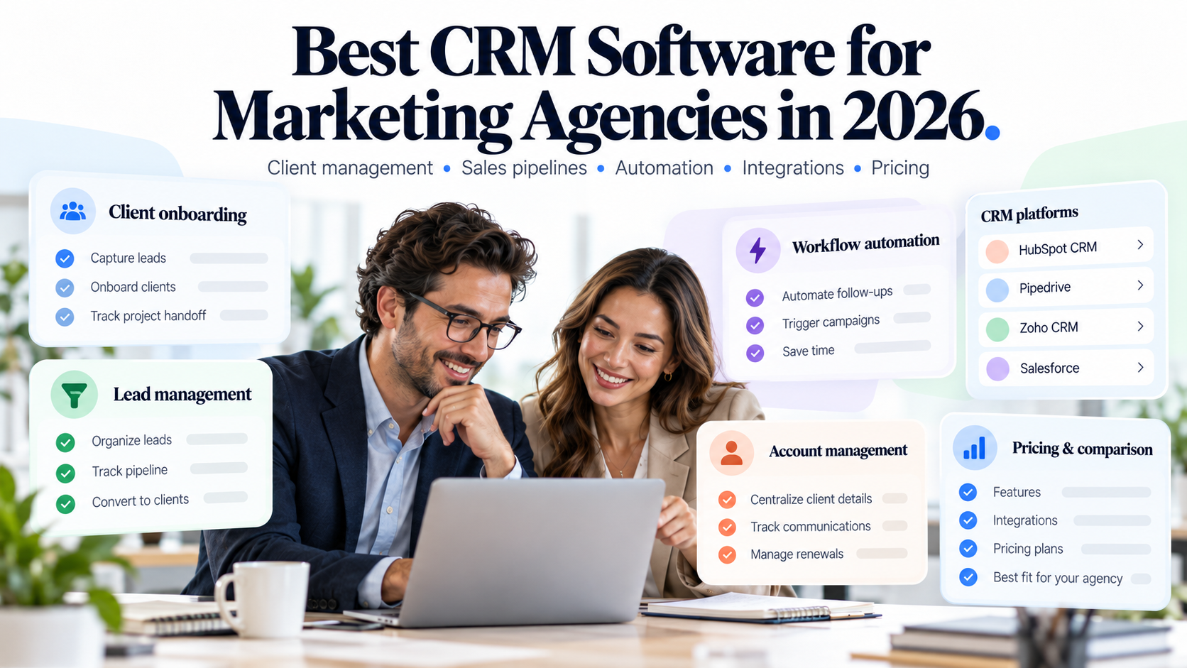 Best CRM software for marketing agencies in 2026, with two professionals comparing CRM features and platforms.
