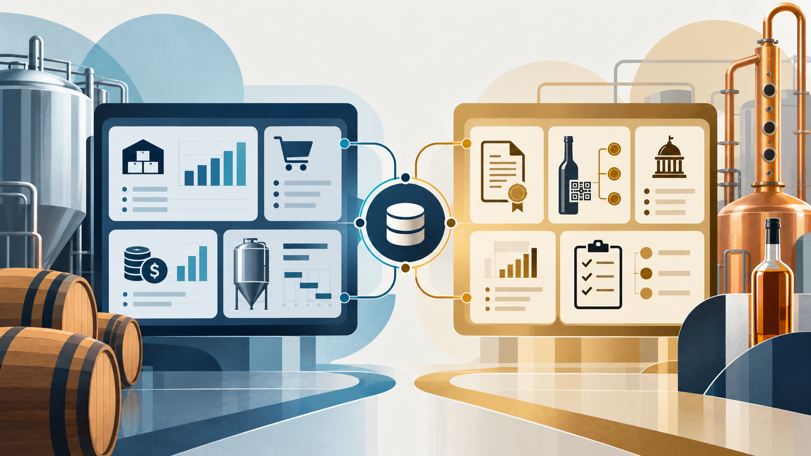 comparing ERP and compliance software for craft alcohol producers, showing business operations and regulatory reporting systems connected through a central data hub.