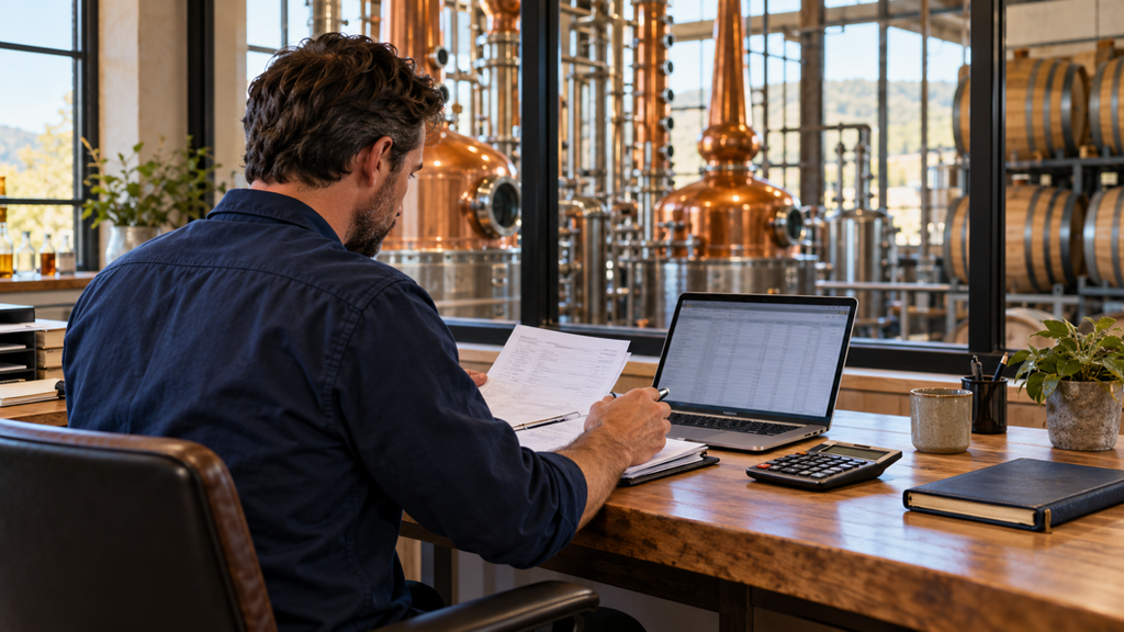 Illustrative distillery operator reviewing business and compliance records beside production equipment.