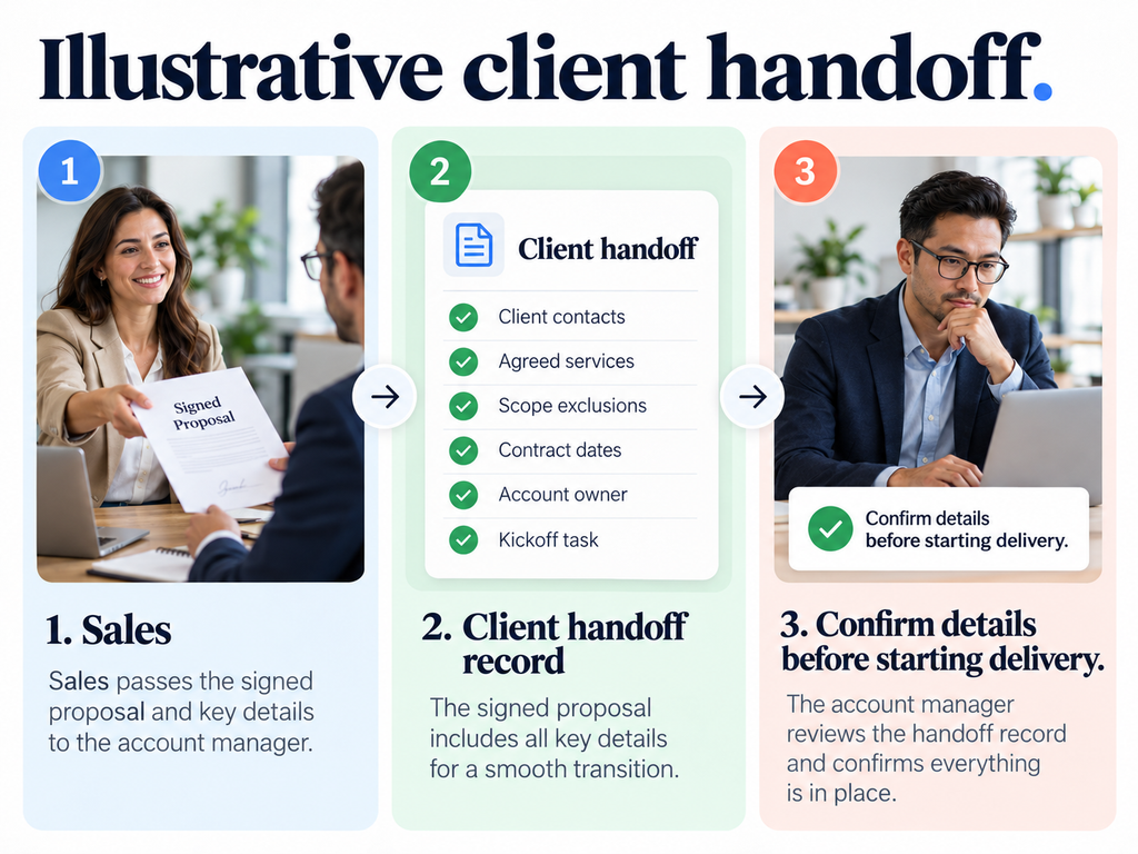 Agency client onboarding checklist showing the information passed from sales to account management.