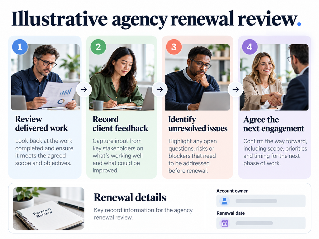 Marketing agency retainer review connecting delivered work, client feedback, and renewal planning.