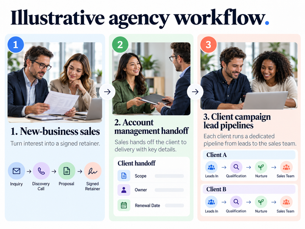 Agency CRM workflow separating new-business sales, client onboarding, and client lead pipelines.