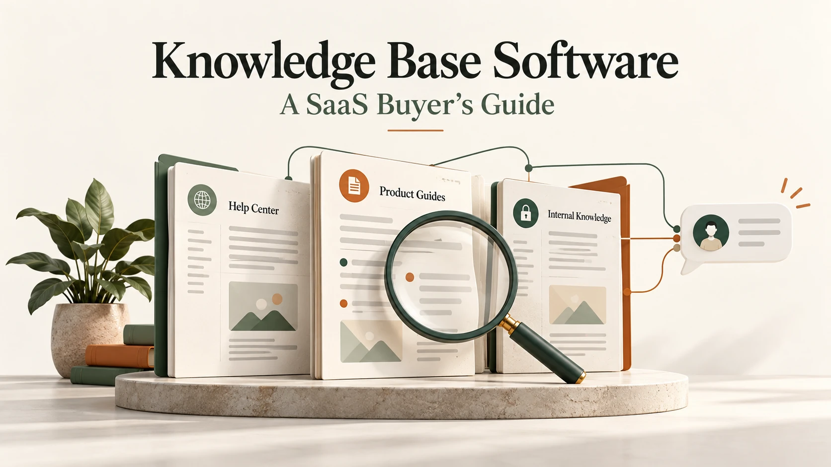 Searchable help-center, product-guide, and internal-knowledge documents illustrated with a magnifying glass.