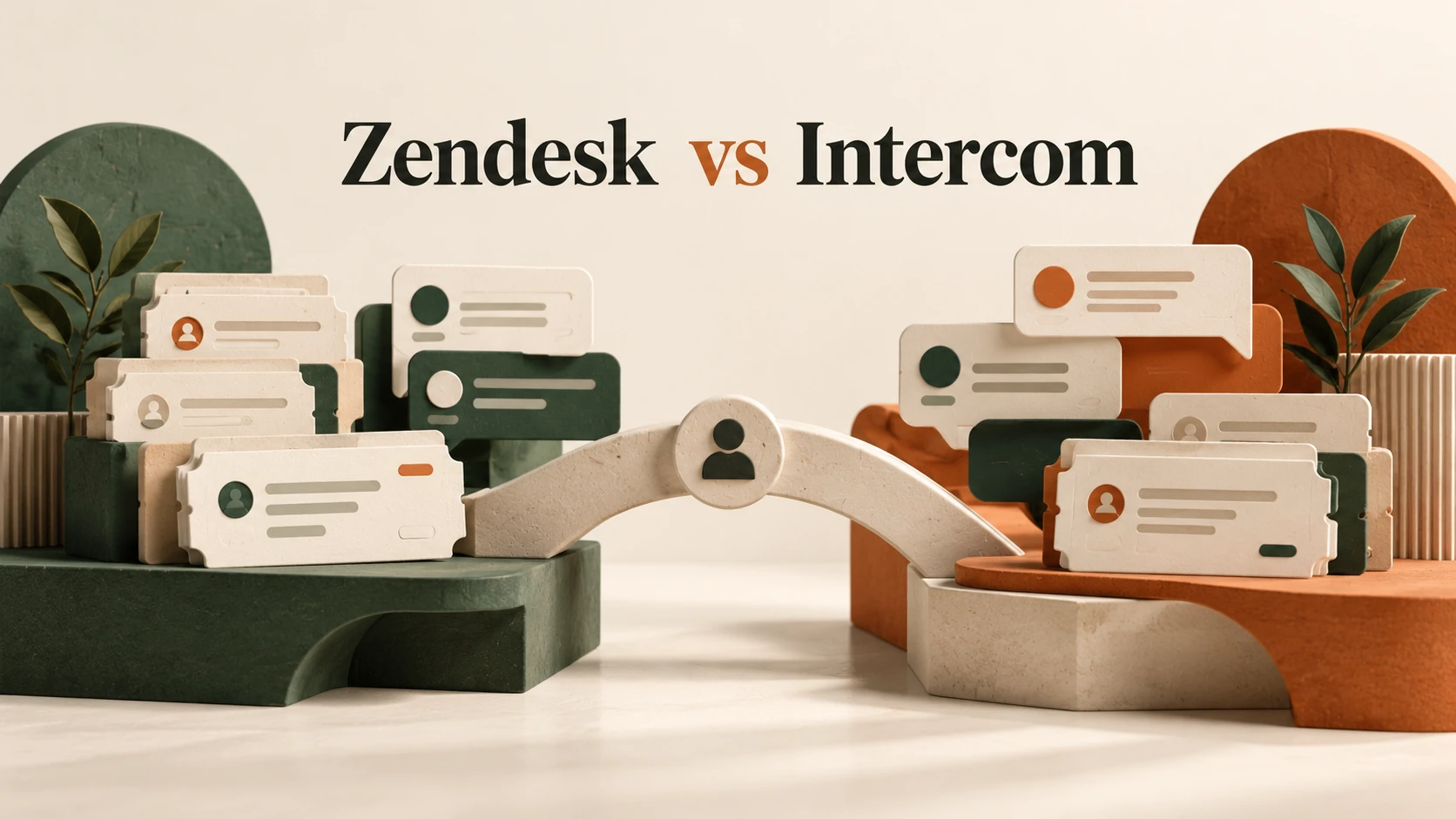 Zendesk vs Intercom illustrated with ticket queues, customer messages, and a shared support handoff